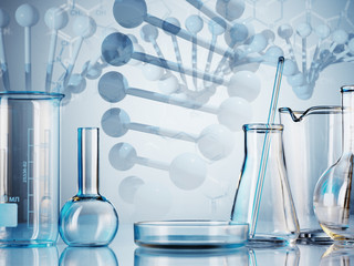 Wall Mural - microscope with lab glassware, science laboratory research and development concept