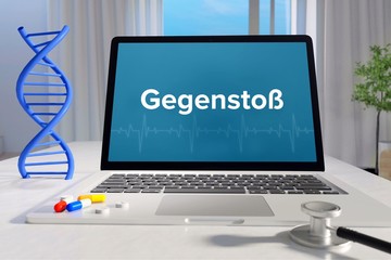 Gegenstoß. Laptop mit Begriff/Text auf Monitor. Computer von Arzt. DNA und Stethoskop. Medizin, Gesundheitswesen