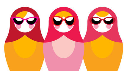 Russian nesting dolls in sunglasses. Original illustration of cute nesting dolls in flat style.