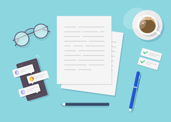 Poster - Writing text content vector on writer work desk table top view or creating essay document or book on workplace flat lay cartoon, illustrated author or editor space with pen, coffee cup modern image