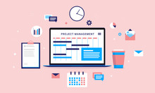 Project Management - Laptop Computer With Planning Software On Screen, Clock, Mail, Documents And Charts. Assets A Project Manager Needs. Vector Illustration.