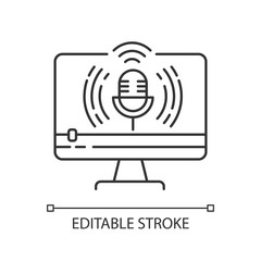 Live broadcasting pixel perfect linear icon. Web streaming. Vlogger podcast. Radio microphone. Thin line customizable illustration. Contour symbol. Vector isolated outline drawing. Editable stroke