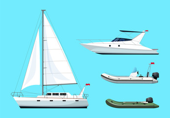 Sticker - Boat types semi flat RGB color vector illustrations set. Regatta for recreation. Private speedboat. Sailboat for voyage. Boat with engine. Ship isolated cartoon items on turquoise background