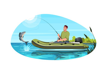 Sticker - Fisherman catch fish semi flat vector illustration. Man with road sit in ship. Speed engine inflatable sailboat in freshwater. Summer recreation 2D cartoon characters for commercial use