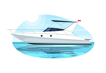 Sticker - Luxury speedboat semi flat vector illustration. Fast boat for cruise. Private yacht for summer recreation. Maritime vessel. Ocean transport. Premium sailboat 2D cartoon object for commercial use