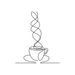 Wall Mural - Continuous one line coffee cup. Minimalist sketch drawing of coffee mug with steam, creative energy drink art design. Vector illustration