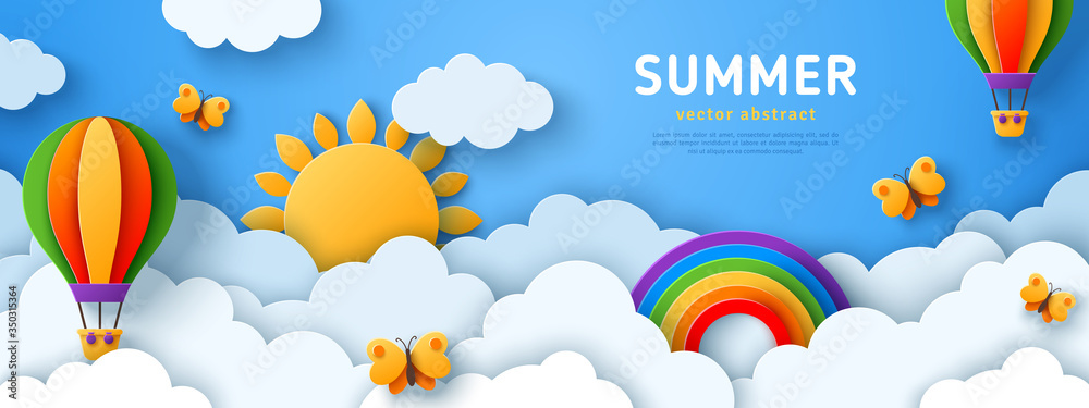 Beautiful fluffy clouds on blue sky background with summer sun, butterfly, hot air balloons and rainbow. Vector illustration. Paper cut style. Place for text - obrazy, fototapety, plakaty 