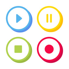 Poster - Play Pause Stop Rec 3D button of different colors, musical geometric silhouette isolated on white background. Vector.