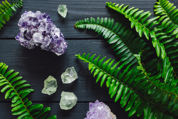 Sticker - Amethyst Cluster with Fluorite and Fern Leaves on Gray Background