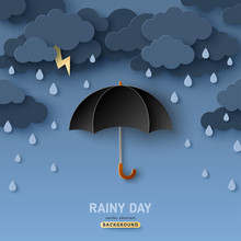 Classic Elegant Opened Black Umbrella In Paper Cut Style. Vector Illustration. Overcast Sky, Thunder And Lightning. Rainy Day Monsoon Concept With Dark Clouds.