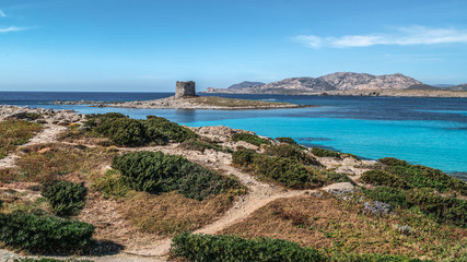 Wall Mural - Aragonese tower in Stintino, Sardinia, Italy (Torre della Pelosa). Landmark of Stintino on azure blue water and rocks, mountains in the background.