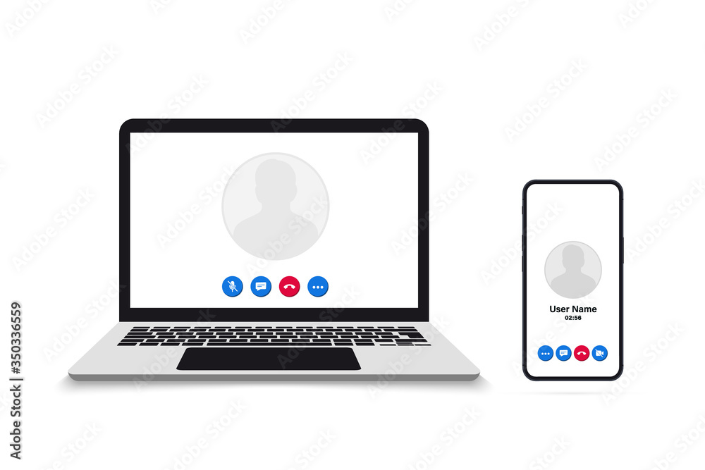 Video call on smartphone and laptop. Remote working. Video Call screen ...