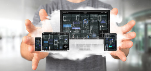 Poster - businessman holding devices connected to a cloud multimedia network 3d rendering
