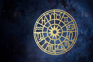 Wall Mural - zodiac signs horoscope circle on dark background. astrology background.