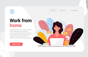 Landing web page template with young freelancer woman working on her laptop from home.  Homepage layout design.  Online job, home office, E-learning . Flat style vector illustration. 