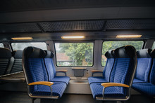 Comfortable And Beautiful Blue Seats In The Train. Transport. Travels