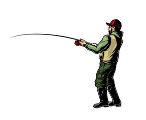 Wall Mural - Angler holding fishing rod colorful concept