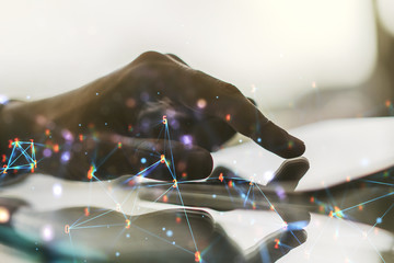 Aufkleber - Creative abstract technology sketch and hand working with a digital tablet on background, future technology and AI concept. Double exposure