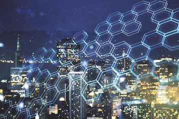Poster - Abstract virtual wireless technology hologram with hexagon on San Francisco cityscape background, artificial intelligence and machine learning concept. Multi exposure
