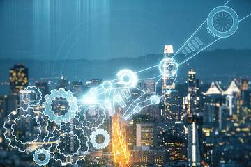 Poster - Abstract virtual robotics technology hologram on San Francisco skyline background. Robot development and automation concept. Multiexposure
