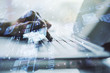 © Pixels Hunter - Abstract creative coding illustration with hands typing on laptop on background, software development concept. Multiexposure