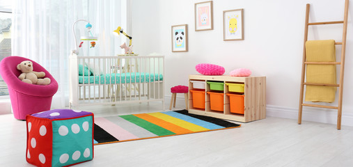 Poster - Baby room interior with comfortable crib. Banner design