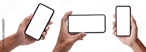 Fotomural Hand holding the black smartphone iphone with blank screen and modern frameless