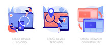 Cross platform software. Synchronized devices, browser sync. Cross-device syncing, cross-device tracking, cross-browser compatibility metaphors. Vector isolated concept metaphor illustrations.