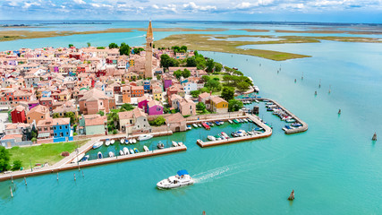 Wall Mural - Aerial view of colorful Burano island in Venetian lagoon sea from above, Italy
