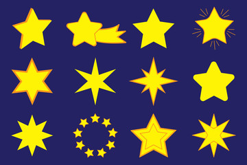 Poster - Stars in the game style of the cartoon. Vector ui icons interface. Gold, glossy star shape. Stock image.