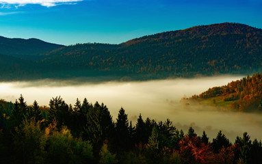 Wall Mural - sunrise and fog over the forests and over the hills and the church