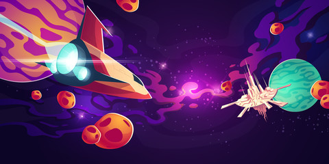 Poster - spaceship in outer space with planets in starry sky with nebula and flying galaxy city or station wi