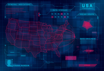 Poster - HUD map of the USA. Set of HUD callout design elements. Cyberattack, system under threat, DDoS attack, Error system. Cybersecurity concept. Vector 