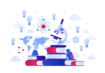 global science and education concept. vector modern flat illustration. stack of book with microscope