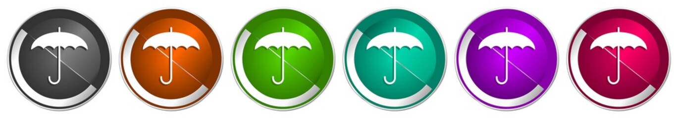 Aufkleber - Umbrella icon set, silver metallic chrome border vector web buttons in 6 colors options for webdesign