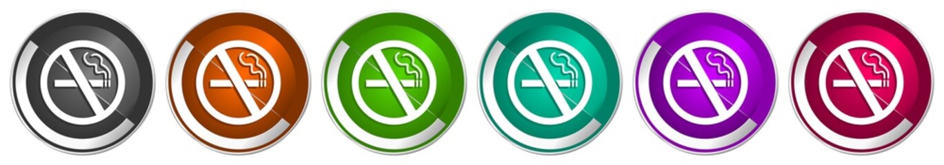 Leinwandbilder - No smoking icon set, silver metallic chrome border vector web buttons in 6 colors options for webdesign