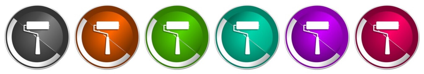 Aufkleber - Roll painter, roller icon set, silver metallic chrome border vector web buttons in 6 colors options for webdesign
