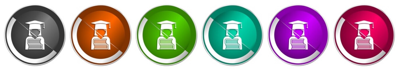Poster - Student icon set, books education, knowledge silver metallic chrome border vector web buttons in 6 colors options for webdesign