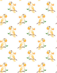  seamless vector pattern with australian cockatoo that sits on a branch. Funny bright parrot, for printing on t-shirts, packaging, paper, posters. Cute character bird in a flat style. Isolated white
