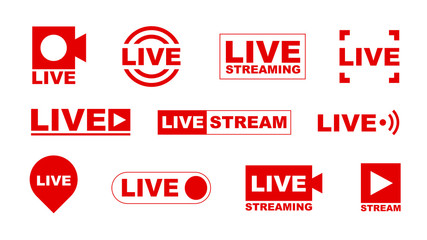 Poster - Live streaming flat icon set. Stream screen banners live event stickers isolated vector illustration collection. Broadcasting and video news concept