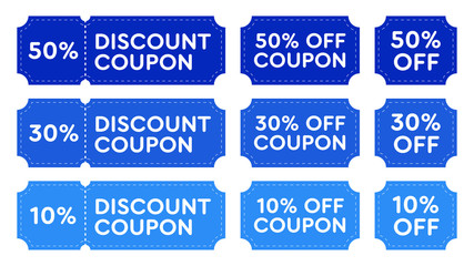 Sticker - Blue discount coupons flat icon set. Special price offers, promo pricing vouchers isolated vector illustration collection. Shopping and payment concept