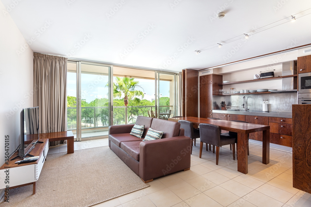 Modern furnished living room with integrated kitchen, terrace, overlooking the nature. - obrazy, fototapety, plakaty 