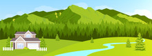 House In Mountains Flat Color Vector Illustration. Green Hill And Coniferous Forest Fir Trees. Rural Nature Scenery. 2D Cartoon Peaceful Landscape With Woodland And Village Lodge On Background