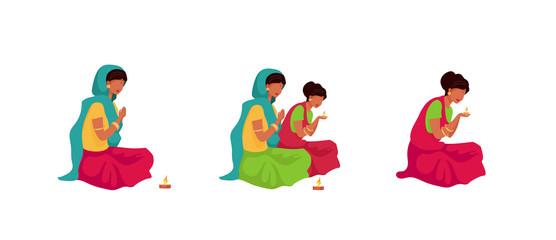 Puja ritual flat color vector faceless characters set. Traditional indian religious ceremony. Woman in saree light candle. Teej festival prayer isolated cartoon illustrations on white background