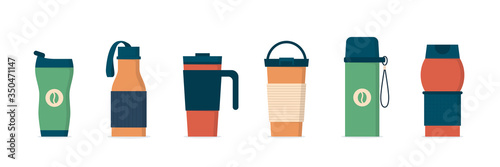 Fotografía Tumblers with cover, travel thermo mugs, reusable cups for hot drinks