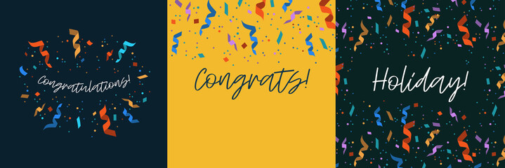 Canvas Print - Congratulations confetti flat banner set. Congrats and holiday cards with colorful background isolated vector illustration collection. Anniversary and celebration concept