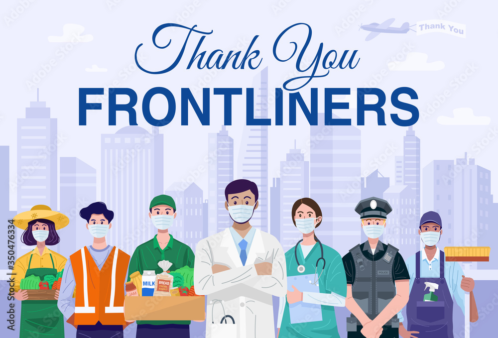 Thank You Frontliners Concept. Various occupations people wearing face masks. Vector - obrazy, fototapety, plakaty 