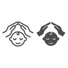 Poster - Parent hands on child head line and solid icon, 1st June children protection day concept, protected baby with hand sign on white background, child care icon outline style mobile, web. Vector graphics.