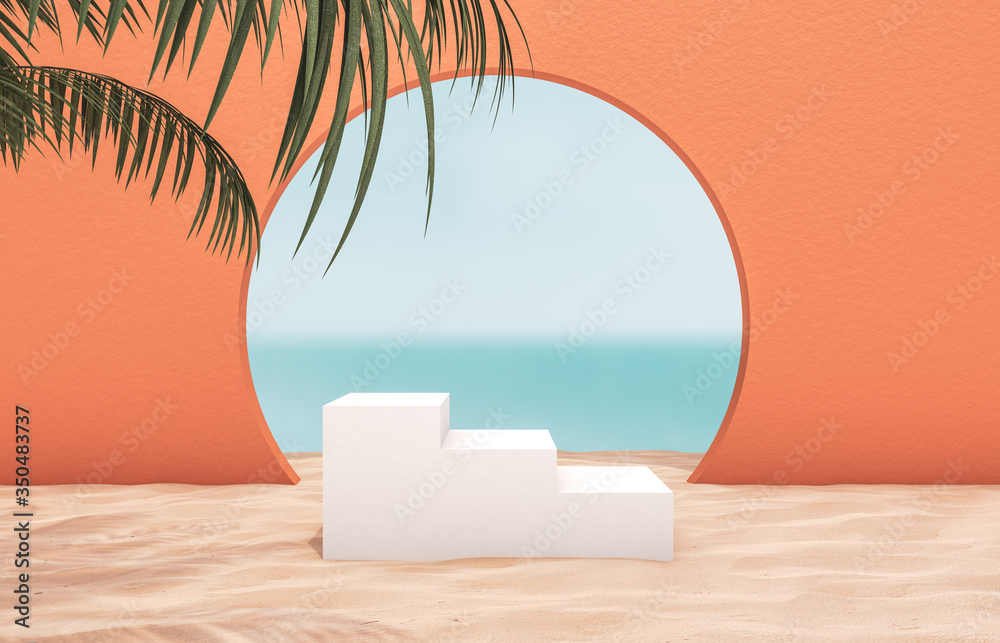 Natural summer beach backdrop with white stair and palm tree for product display. Abstract 3d summer scene. sea view. - obrazy, fototapety, plakaty 