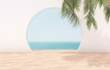 Natural Summer Beach Backdrop With Palm Tree For Product Display. Abstract 3d Summer Scene. Sea View.